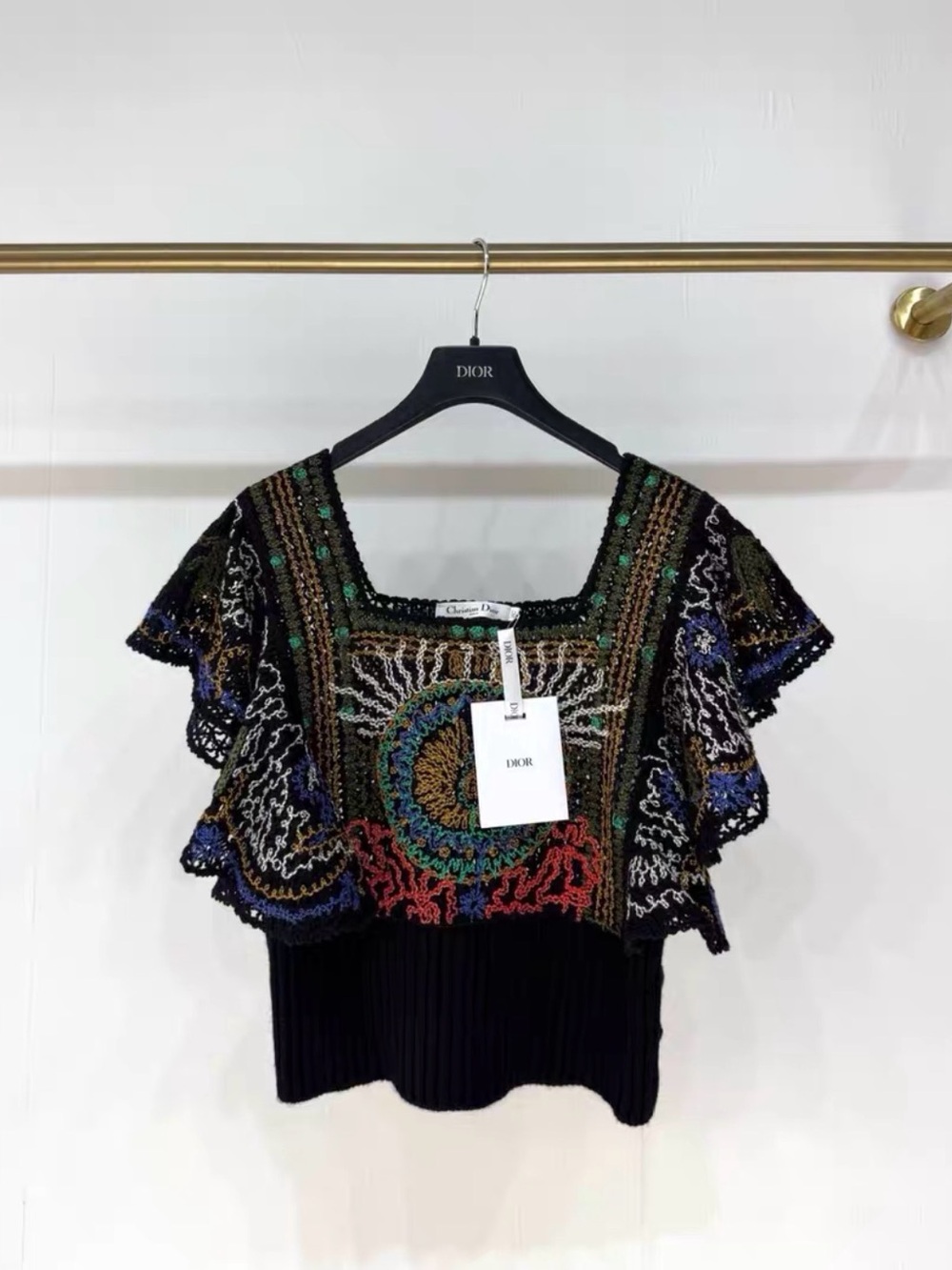 Dior Black Multicolor Crocheted Square-Neck Blouse